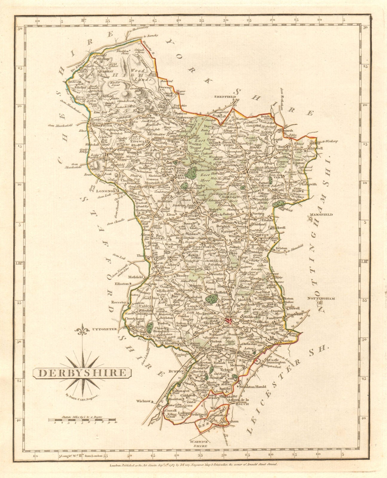 Antique county map of DERBYSHIRE  by JOHN CARY. Original outline colour 1787
